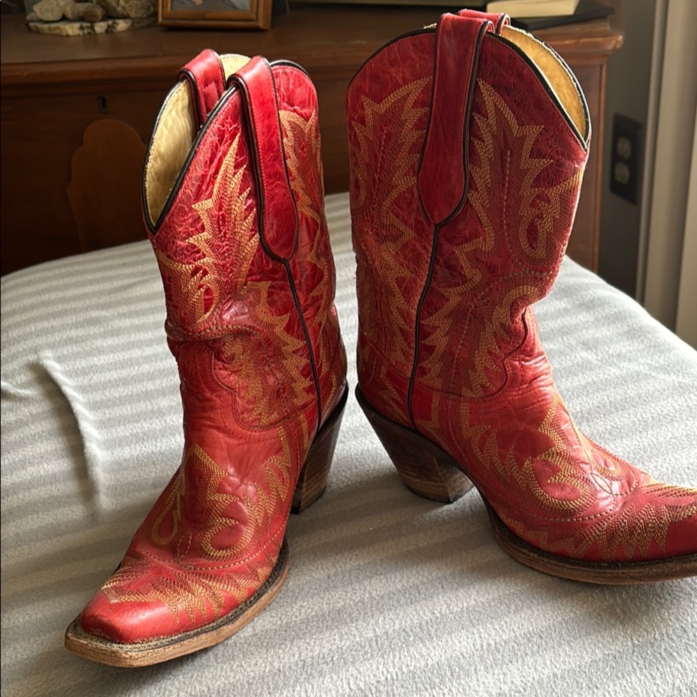Corral Red Leather Ankle Boots with Gold Embroidery